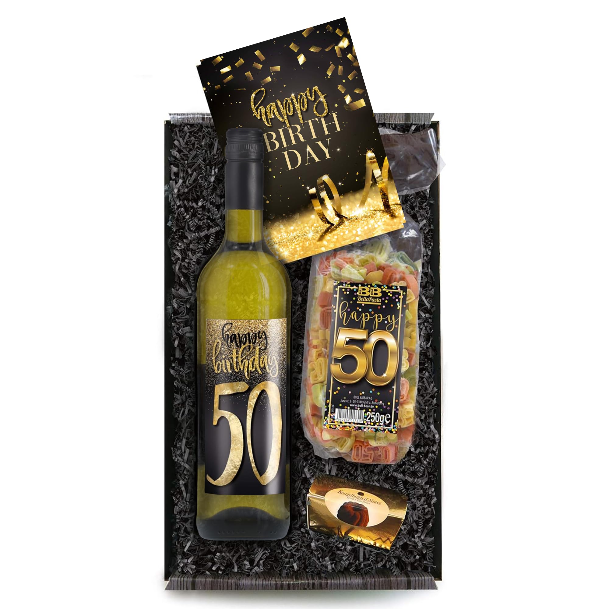Bull & Bear Geschenkbox "Happy Birthday 50", Set mit Weisswein, Nudeln und Geburtstagskarte, Geschenk zum 50. Geburtstag
