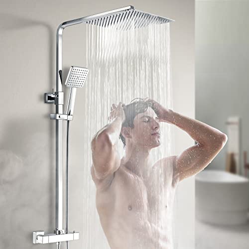 Heilmetz Duschsystem mit Thermostat (30x30cm Kopfbrause) Regendusche mit Thermostat Duschset Dusche mit Handbrause, Edelstahl Eckig Regendusche und Verstellbarer Duschstange Chrom