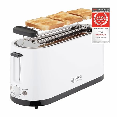 TZS First Austria - Toaster 4 Scheiben Langschlitz 1400W mit Krümelschublade | Brötchenaufsatz | wärmeisoliertes Gehäuse, Temperatureinstellung, Edelstahlgehäuse, Auftaufunktion, Brotzentrierung