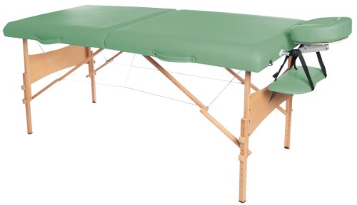 Massage- / Therapieliege, Behandlungsliege, Naturholzgestell, zusammenklapp- und tragbar, höhenverstellbar, grüne Polsterung