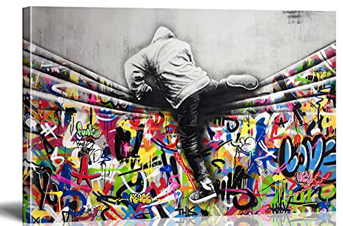 Banksy Bilder Leinwand New World Graffiti Street Art Leinwandbild Fertig Auf Keilrahmen Kunstdrucke Wohnzimmer Wanddekoration Deko XXL (80x140cm(31.5x55.1inch))
