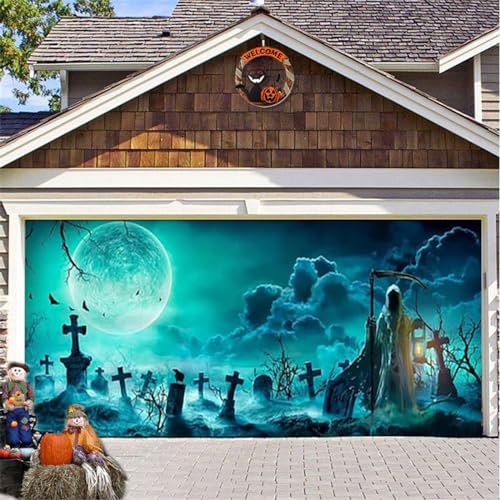 Halloween-Garagentor-Dekorationen, Halloween-Garagentor-Cover-Banner, Kürbisgeist Extra große Halloween-Outdoor-Party-Fotografie Hintergrund Schild Poster-Dekorationen Zubehör,J,16 x 7 ft