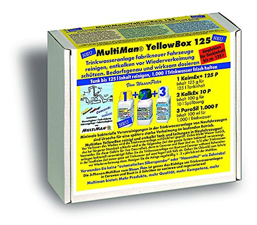 Multiman Yellowbox Wassertankreinigung bei Neufahrzeugen (Beseitigung Kunststoffgeschmack und Schutz vor Verkeimung), Tankgröße:Tanks ab 75-250 l