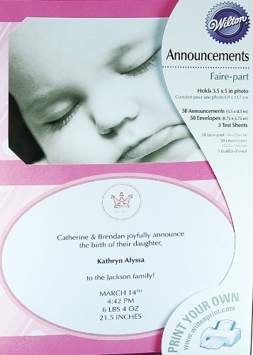 Wilton Pink Little Princess Baby Girl Birth Announcements 50 Sets by Wilton