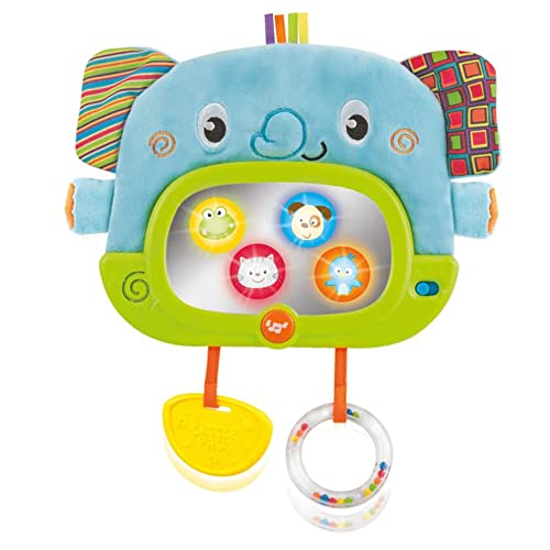 WinFun 000175-NL Elefantenfreund für Tag und Nacht, Kinderbettspielzeug, Autositzspielzeug mit Beiß, Rassel, Ring, Knister, interaktiv mit Spiegel, Tieren, Lichter & Musik, blau / grün