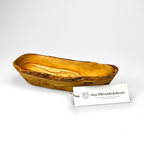 das Olivenholzbrett® typisch schmal geschnittene Baguetteschale Olivenholz, Brotschale aus Holz, naturbelassener Rand, 25 cm