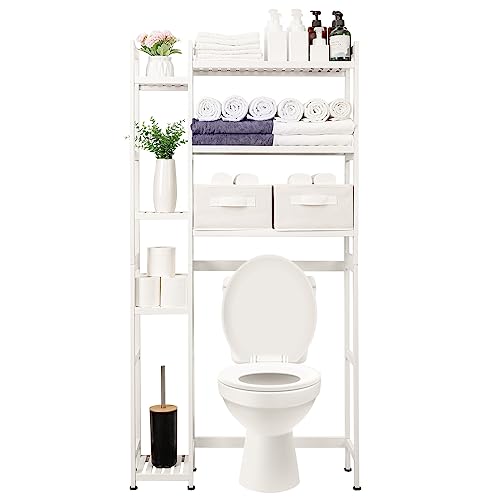 Yorbay Toilettenregal mit 2 Körben, Bambus WC Regal, 3-stöckiges Verstellbar Badregal mit Wasserdichtes Fußpolster, Multifunktional Badezimmerregal,Platzsparend,Einfache Montage, Weiß