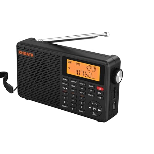 XHDATA D109 Tragbares Radio Batteriebetrieben Retro Radio Digital UKW Stereo/KW/MW/LW Kleines Radio Weltempfänger Radio Mit Bluetooth SD Karten Slot Doppelwecker mit Zeitanzeige Küchenradio