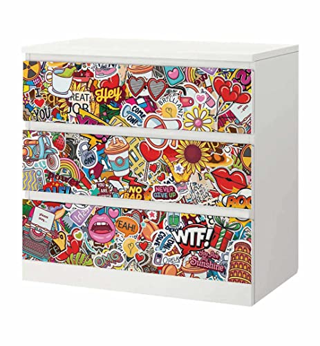 MyMaxxi - Klebefolie Möbel passend für IKEA Malm Kommode - Motiv Stickerbomb bunt - Möbelfolie selbstklebend - Dekofolie Tattoo Aufkleber Folie für Wohnzimmer, malm_Groesse:3 Schubladen