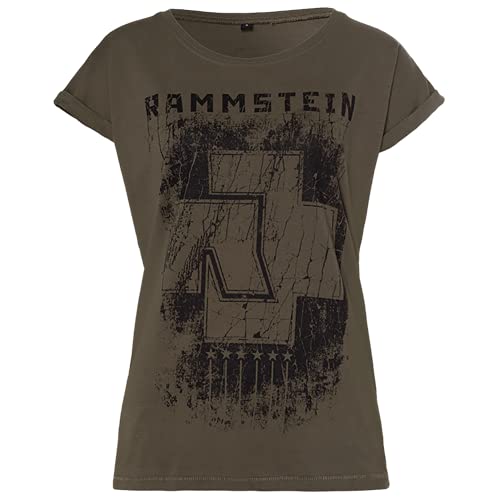 Rammstein Frauen Damen Girlie Shirt 6 Herzen Oliv, Offizielles Band Merchandise Fan Shirt schwarz mit Front und Back Print (S)