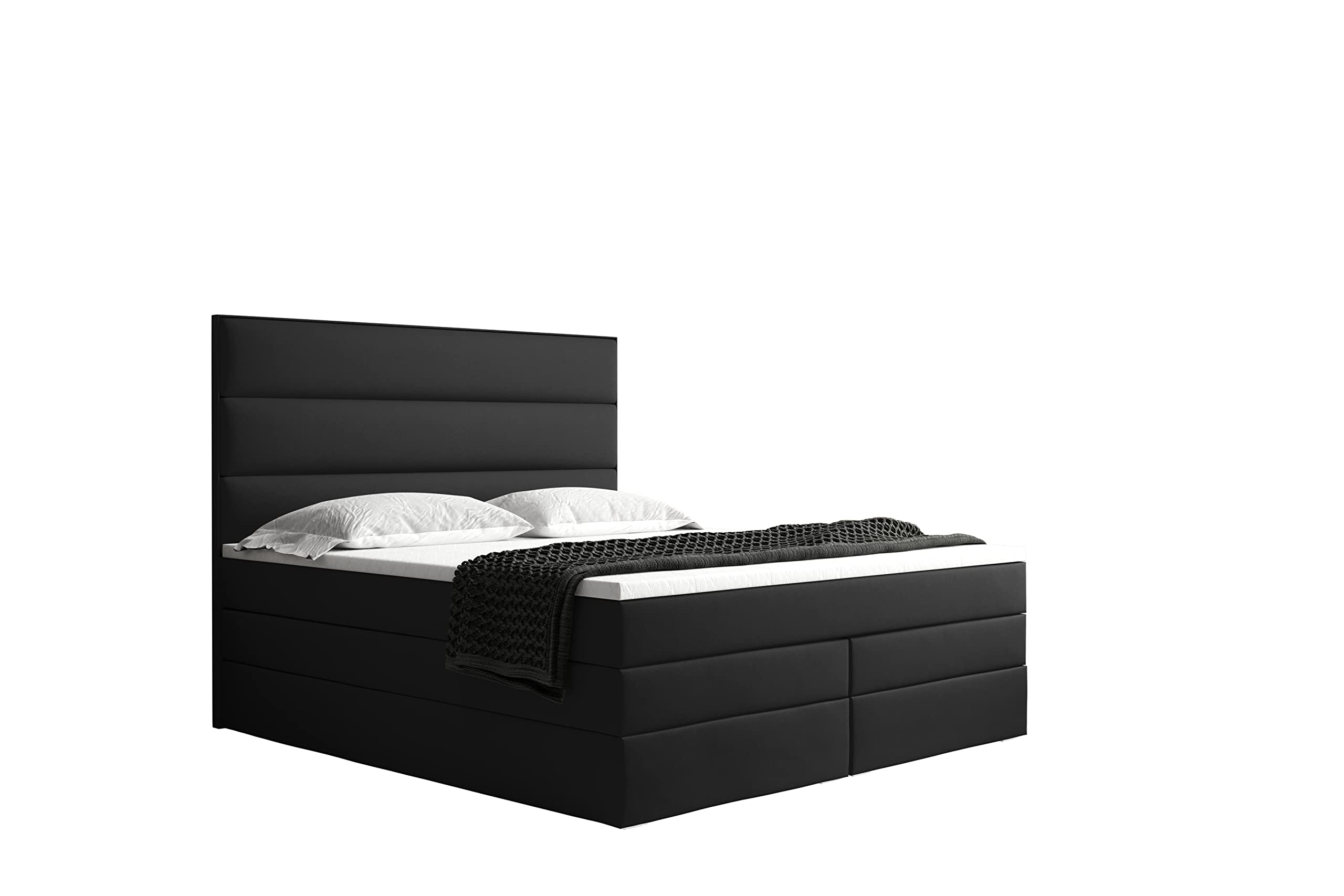 Grekpol -Boxspringbett mit Bonell- und 7-Zonen-Taschenfederkern-Matratze H3 (2 x 18 cm) und Topper 5 cm Polsterbett mit Bettkasten -Boston Duo (Schwarz (Riviera 100), 160x200 cm)