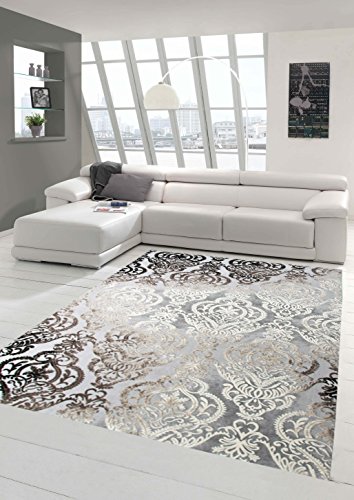 Designer Teppich Moderner Teppich Wollteppich Meliert Wohnzimmerteppich Wollteppich Ornament Grau Cream Taupe Größe 80 x 300 cm