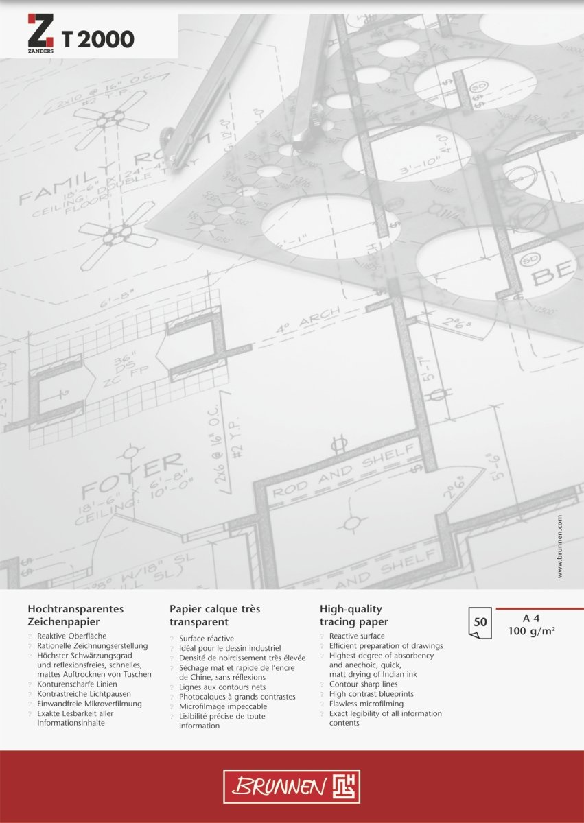 Brunnen 1047464 Zeichen-/Entwurfblock (A4 100g/m² 50 Blatt transparentes Zeichenpapier ZANDERS T 2000)