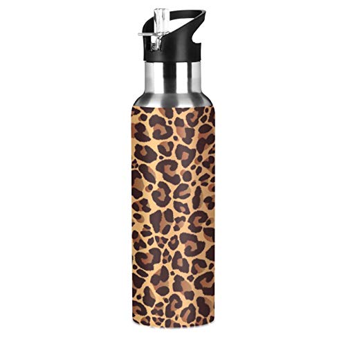 Bgift Wasserflasche mit Tier-Leopardenmuster, mit Strohhalm-Deckel, vakuumisoliert, Edelstahl, Thermosbecher, Trinkflasche, 590 ml, für Sport, Fahrrad, Fitness, Wandern