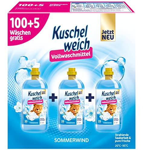 Kuschelweich Vollwaschmittel Sommerwind (XXL: 105 WL) – Waschmittel flüssig für 100+5 Wäschen – Flüssigwaschmittel Großpackung (3 Flaschen) für weiße Wäsche