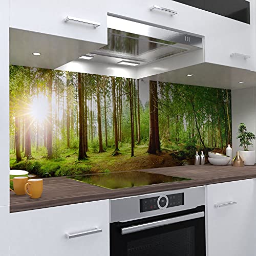 OneWheel | selbstklebende Küchenrückwand | 220x60 cm harte PVC Folie | Wandtattoo für Fliesenspiegel Design Bäume grün | Motiv: Wald