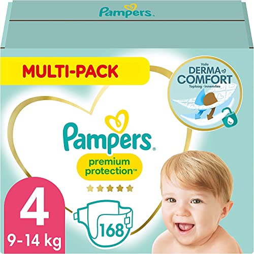 Pampers Baby Windeln Größe 4 (9-14kg) Premium Protection, Maxi, 168 Stück, MONATSBOX, bester Komfort und Schutz für empfindliche Haut