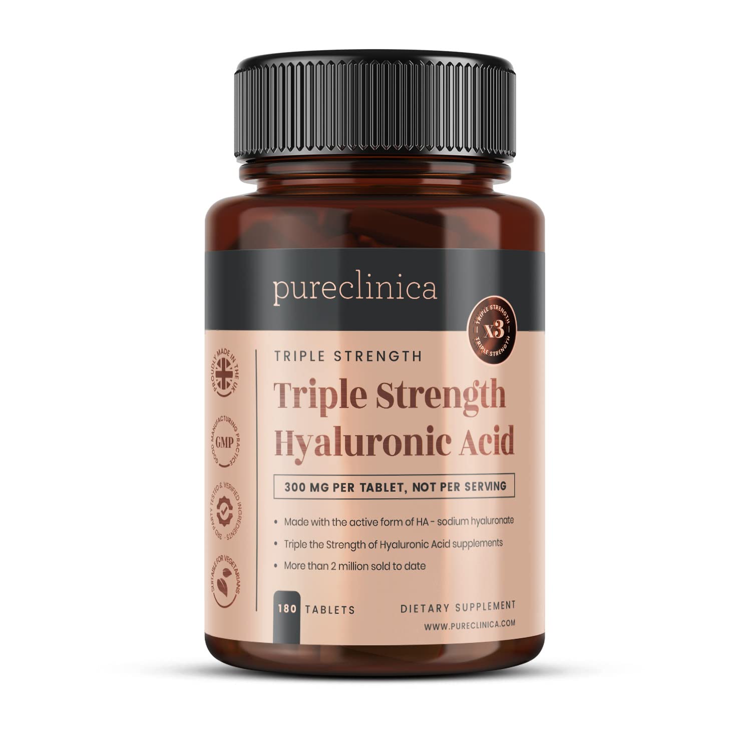 Hyaluronsäure 300 mg x 180 Tabletten (Vorrat für 3 Monate). Hyaluronsäure in dreifacher Stärke. 300 % stärker als jede andere HLA-Tablette