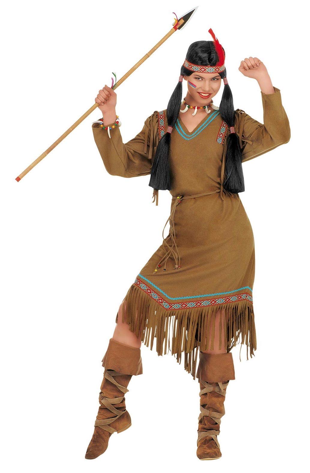 shoperama Cheyenne Indianerin Damen Kostüm Fransen-Kleid Gürtel Haarband mit Feder, Größe:L
