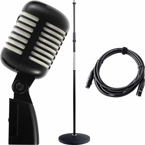 Pronomic DM-66BK/WH Dynamisches Mikrofon Set - Vocal-Mikrofon für Sprache und Gesang - Klassisches Vintage Rockabilly Design - Sparset inklusive Mikrofonstativ und XLR-Kabel - Schwarz/Weiß