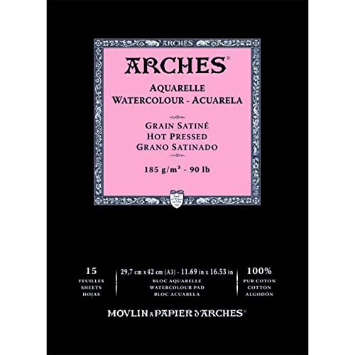 Arches 1795222 Aquarell Block kopfgeleimt 15 Blatt - A3, 185g/m² Satiniert-Naturweiß für Wasserfarben, Acrylfarben und Gouache