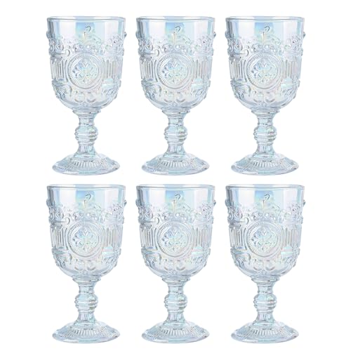 Sungmor Vintage Pressglas Kelch Glaswaren Set von 6, klassische Weinkelche Getränke Stielglas Tassen, 10 Unzen Trinkgläser mit geprägtem Design, klarer Wasserkelch für Party, Hochzeit, täglichen