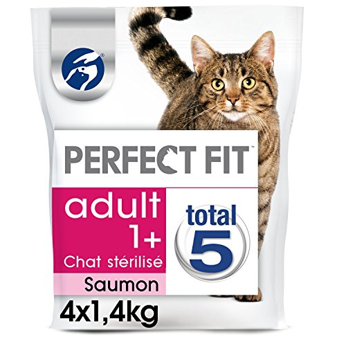 Perfektes trockenes Katzenfutter für erwachsene sterilisierte Katzen, reich an Lachs, 4 Beutel mit 1,4 kg