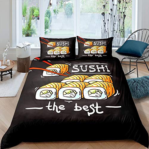 Tbrand Karikatur Sushi Betten Set japanischen Stil Bettwäsche Set 135x200cm Niedliches Sushi Bedrucktes Bettbezug Set für Erwachsene Kawaii Tempura Dekor Weich Reißverschluss