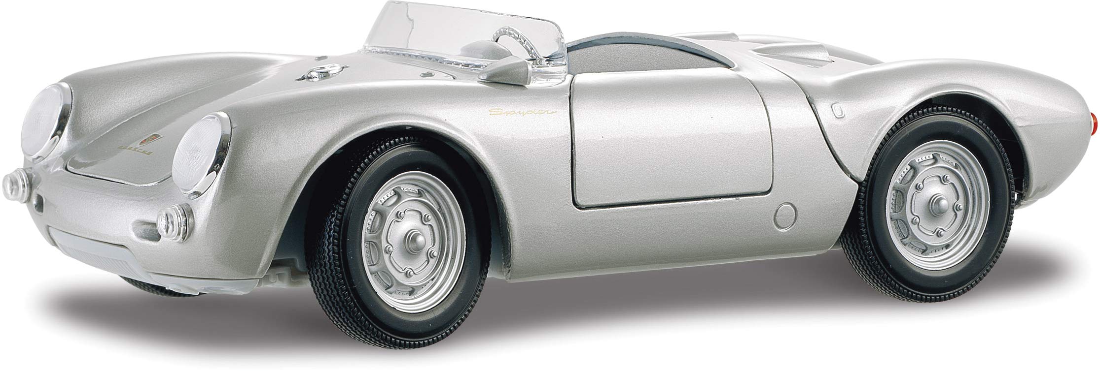 Bauer Spielwaren 2043030 Maisto Porsche 550 A Spyder, Modellauto mit Federung, Maßstab 1:18, Türen und Motorhaube beweglich, Fertigmodell, lenkbar, 24 cm, silber (531843)
