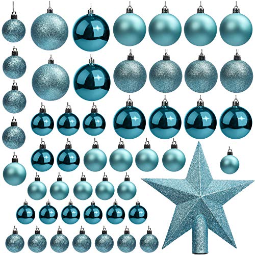 Belle Vous Weihnachtskugeln (50Stk) - Christbaumkugeln Blau Glitzer Verschiedene Größen mit Stern Baumspitze – Baumkugeln Weihnachtsbaumkugeln Weihnachtsbaumschmuck Kugeln zum Aufhängen Weihnachtsdeko