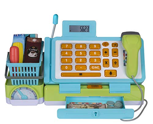 Playkidz Interaktive Spielzeug-Registrierkasse für Kinder - Enthält Spielgeld, Handheld-Echtscanner, Arbeitswaage und Taschenrechner, Live-Mikrofon, Lebensmittelkisten, Obst und Korb aus Kunststoff