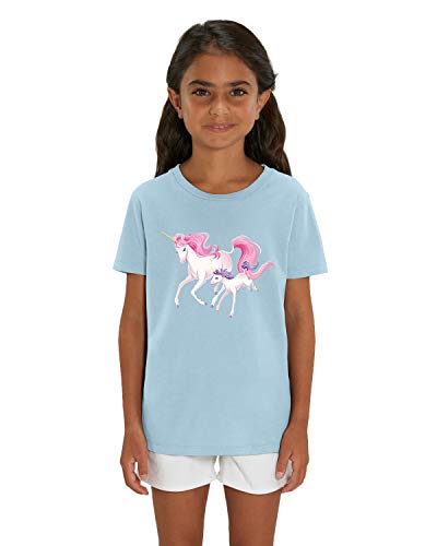 Hilltop Hochwertiges Kinder Mädchen T-Shirt aus 100% Bio Baumwolle mit wunderschönem Einhorn Motiv, Premium Kinder Tshirt für Freizeit und Sport, Size:122/128, Color:Sky Blue