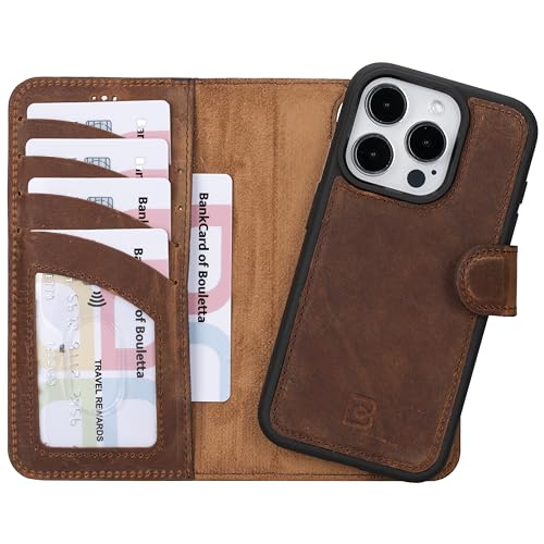 BOULETTA Kompatibel mit iPhone 15 Pro (6,1 Zoll) Wallet Case – Vollnarbenleder, magnetisch, abnehmbare Folio-Schutzhülle (2-in-1) – 4 Kartenfächer mit RFID-Blockierung, kompatibel mit MagSafe, Antic