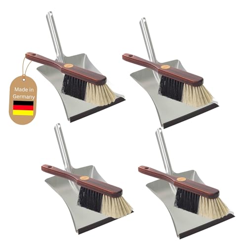 Novaliv 4X Kehrgarnitur Set I Rosshaarmischung I Kehrschaufel mit Gummilippe I Handbesen Holz I Kehrset Kehrblech Handkehrset Handfeger und Schaufel Dustpan and Brush Besen Schaufel