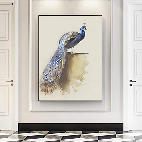 Dittelle Vintage blauer Pfau, Gemälde, Wandkunst, Leinwanddruck, Poster, Avifauna-Tier, einfaches Bild für Wohnzimmer, Heimdekoration, 30 x 40 cm, rahmenlos