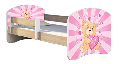 Kinderbett Jugendbett mit einer Schublade und Matratze Sonoma mit Rausfallschutz Lattenrost ACMA II 140x70 160x80 180x80 (10 Teddybär, 140x70)