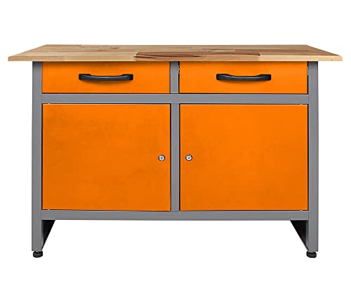 Ondis24 Montagewerkbank Werkstatteinrichtung Werkbank 120cm Werktisch orange mit 2 kugelgelagerten Schubladen & 2 abschließbaren Türen, TÜV geprüft