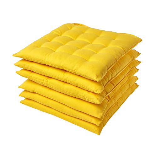 Homescapes 6er Set Stuhlkissen 40 x 40 cm, gelb, Sitzkissen mit Bändern und Knopfverschluss, einfarbige Auflagen für Stühle mit Bezug aus 100% Baumwolle und weicher Polyester-Füllung