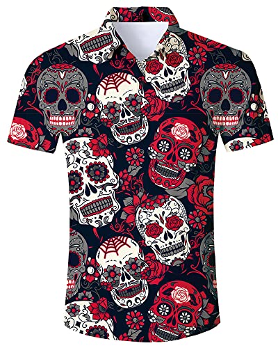 Goodstoworld Shirt Schädel Halloween Sugar Skull Hawaiihemd Herren Cool Hemd Kurzarm Slim Fit Trachtenhemd für Männer Coole Hemden Modern 3D Skull Dreieck M