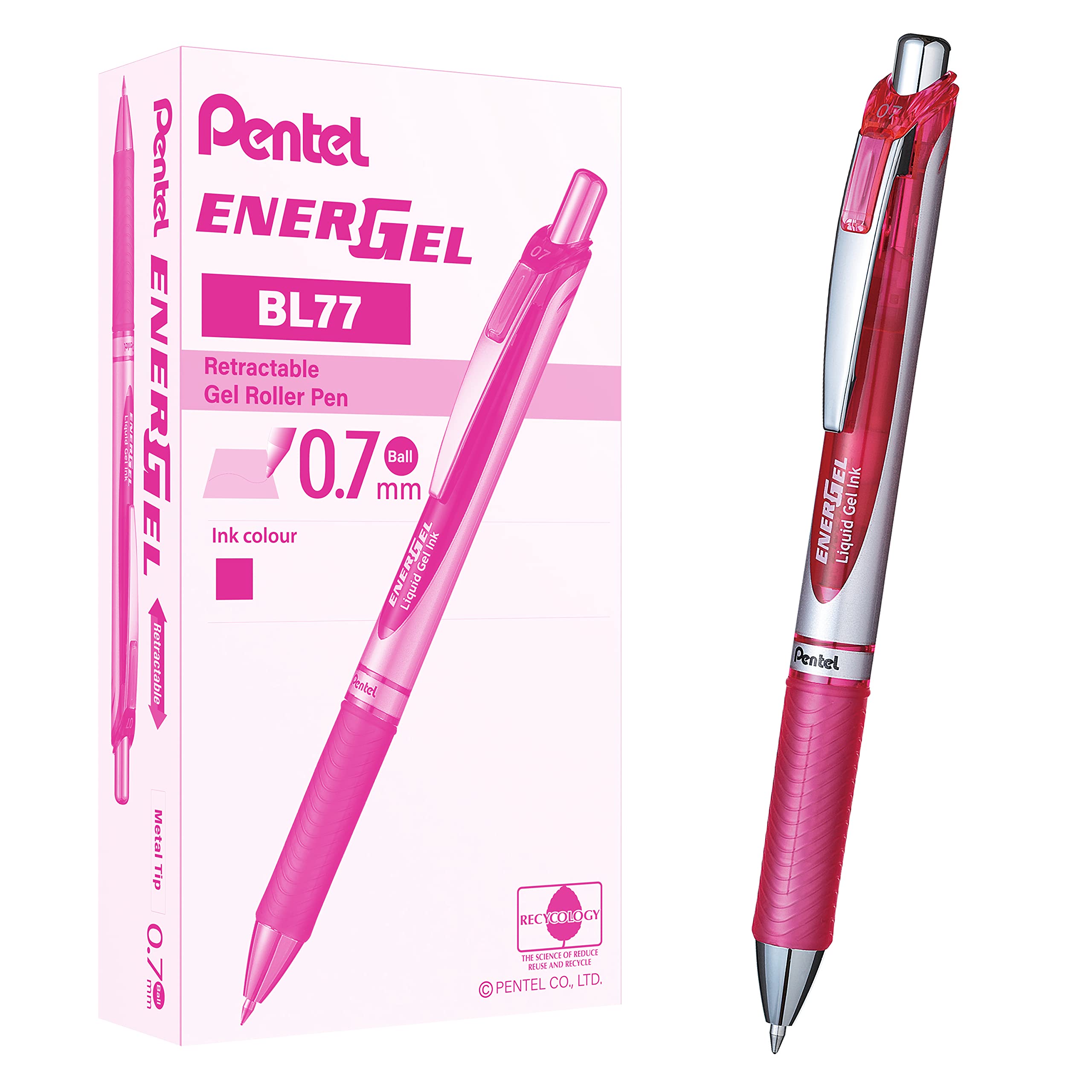 Pentel BL77-PX EnerGel Gel-Tintenroller mit Druckmechanik, 0,7 mm Kugeldurchmesser = 0,35 mm Strichstärke, nachfüllbar, 12 Stück, pink