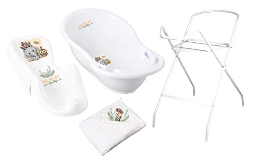 4er Set Baby-Badewanne Set ergonomische Babywanne 86 cm + Ständer Gestell + Badesitz Badewannensitz + Kaputzenhanduch Badetuch 80x80 (4er Set, Elefant)
