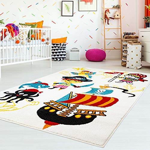 MyShop24h Kinderteppich Kinderzimmer Teppich Flachflor Kids Piraten Piratenschiff Papagei, Größe in cm:190 x 280 cm