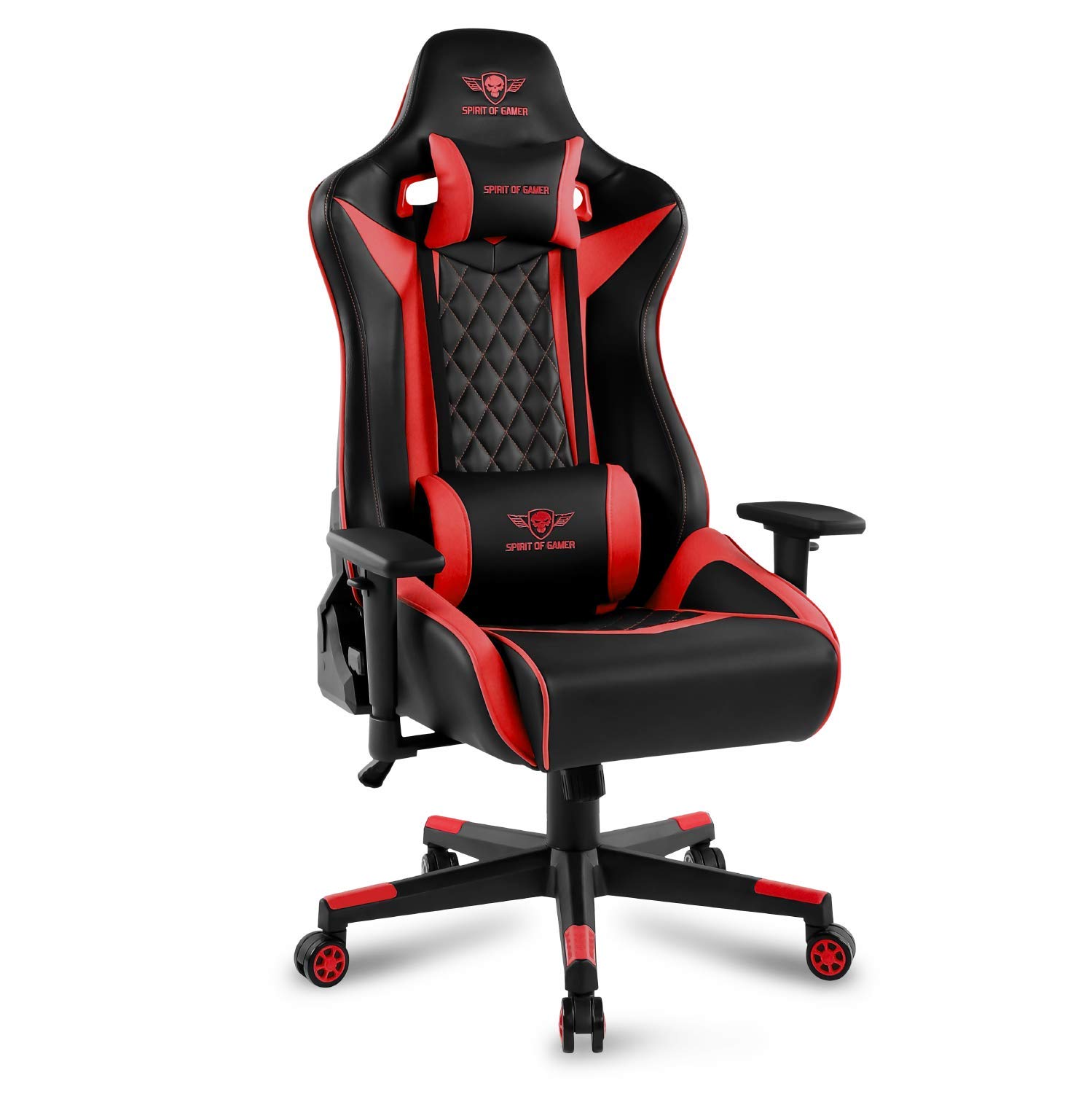 SPIRIT OF GAMER - Crusader Series - Gaming Chair - Gaming Chair - Nacken und Lendenkissen - 3D verstellbare Armlehnen - 160° Neigung - Gestepptes Logo (ROT)