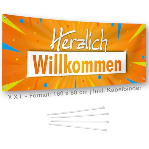 XL Herzlich Willkommen Banner I Für Party, Geburtstag, Begrüßung I 160 x 60 cm I Wetterfestes Set: Willkommensbanner + Ösen + Kabelbinder I Made in Germany