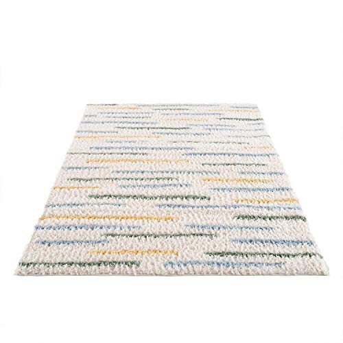 Teppich Shaggy Hochflor - Streifen-Muster 240x340 cm Creme Multi - Moderne Wohnzimmer-Teppiche