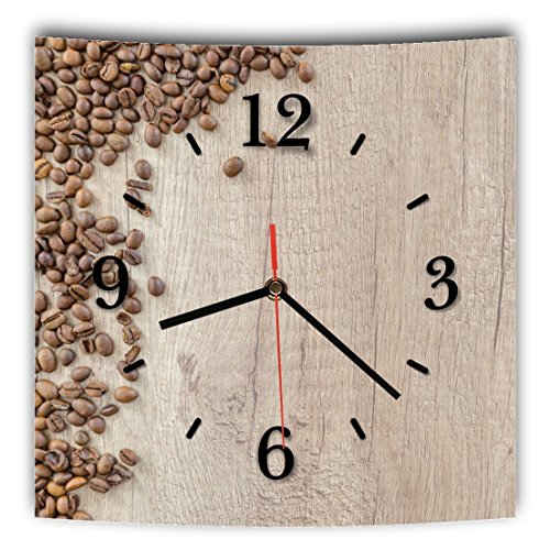 LAUTLOSE Designer Wanduhr mit Spruch Kaffee Bohnen Holz Optik braun grau weiß modern Dekoschild Abstrakt Bild 29,5 x 28cm