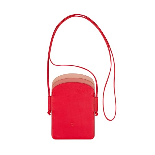 DuDu Damen-Handy-Umhängetasche aus Leder, doppelte Smartphone-Tasche, ID-Kartentasche, verstellbarer Lanyard-Riemen Flammenrot