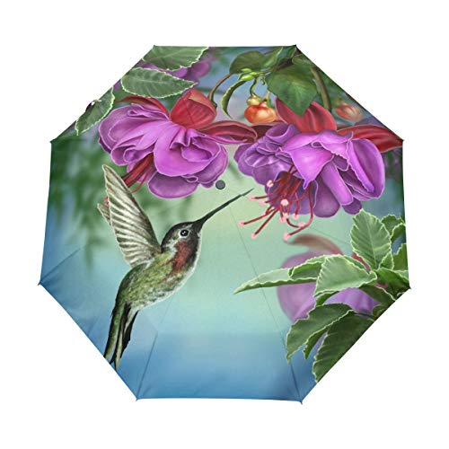Hunihuni Regenschirm mit Kolibri-Motiv, Blumen-Orchidee, automatisches Öffnen, faltbar, winddicht, wasserdicht, UV-Schutz, Sonnenschutz.