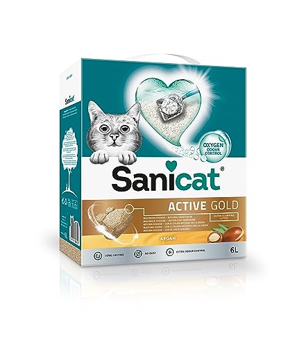 Sanicat – Klumpstreu Active Gold mit Arganduft | Hergestellt aus natürlichen Mineralien mit garantierter Geruchsbindung | Absorbiert die Feuchtigkeit und erleichtert die Reinigung | Packungsgröße 6 l
