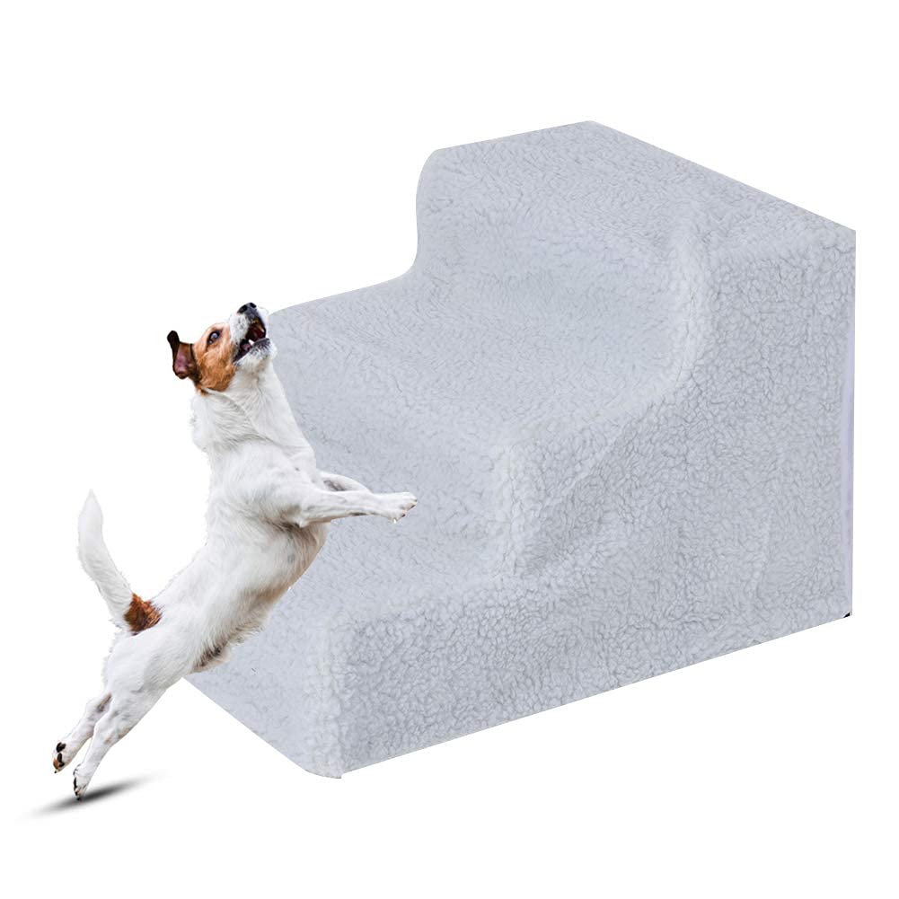 lahomie Haustiertreppen, 3-stufige Haustiertreppen, für Hunde und Katzen, mit abnehmbarem Bezug für Hochbett, 45 x 35 x 30 cm, Weiß
